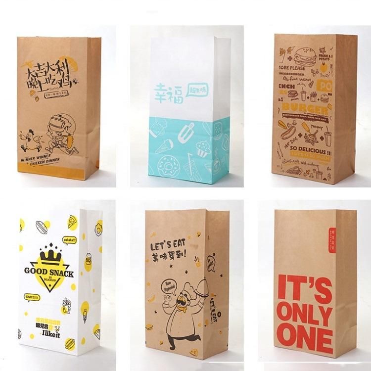 Custom Takeaway Food Packaging Flat Square Bottom Grease Proof Brown Kraft Paper Bags