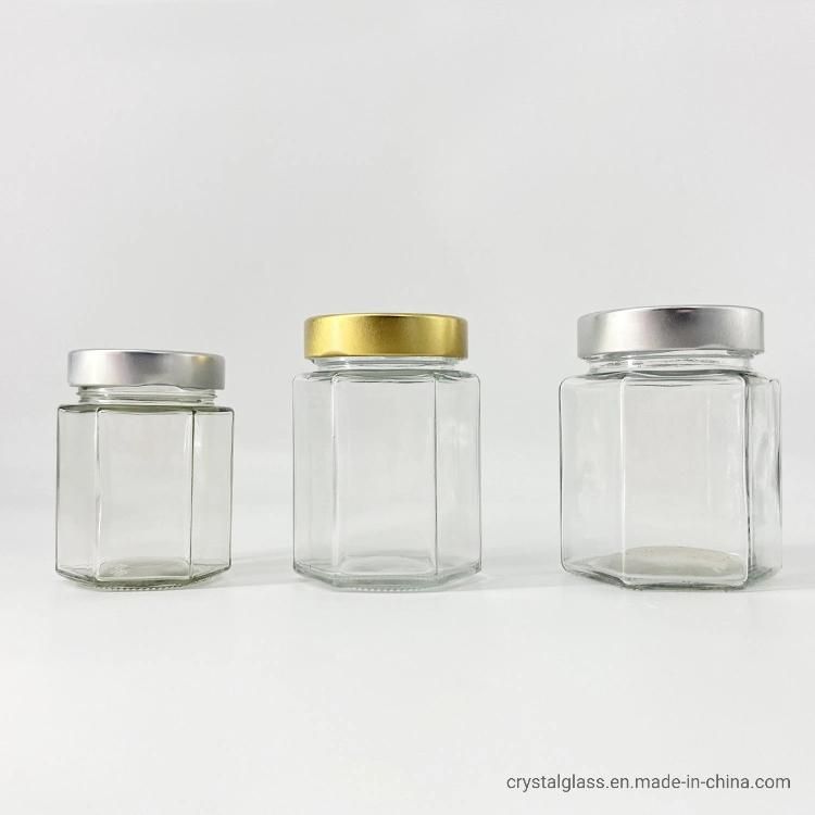 280ml 380ml Hexagonal Peanut Almond Nuts Butter Glass Jar with Gold or Black Metal Lids