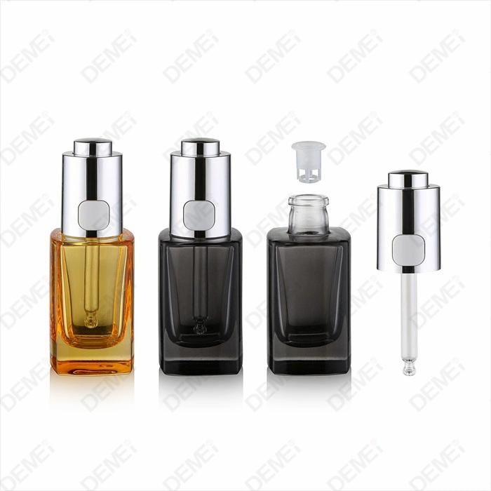 Hot Seller 30ml Square Crimp on Cosmetic Glass Dropper Bottle with Button