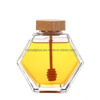 High Quality Luxury Hexagon Empty Glass Honey Jar with Dipper &amp; Bamboo Lid 220ml 380ml