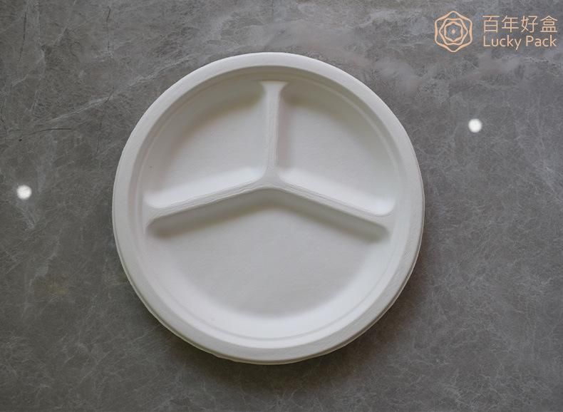 3 Compartment Compostable Biodegradable Tableware Sugarcane Bagasse Paper Round 9 Inch Plate