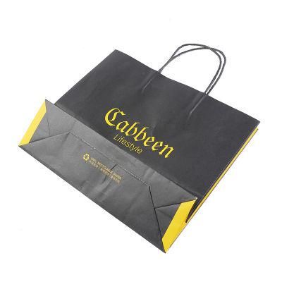 Custom Logo Printed Black Yellow Kraft Paper Tote Bag with Twisted Handle