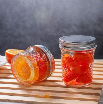 8oz Diamond Pattern Color Customized Glass Food or Honey Storage Jar with Metal Lid