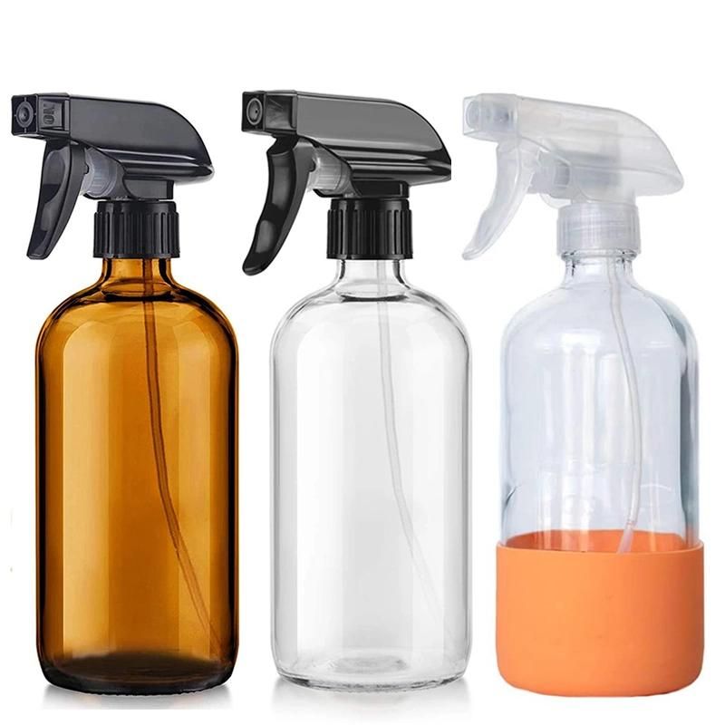 Cusotm 500ml 16oz Clear Boston Round Hand Sanitizer Trigger Spray Glass Bottle with Silicone Sleeve