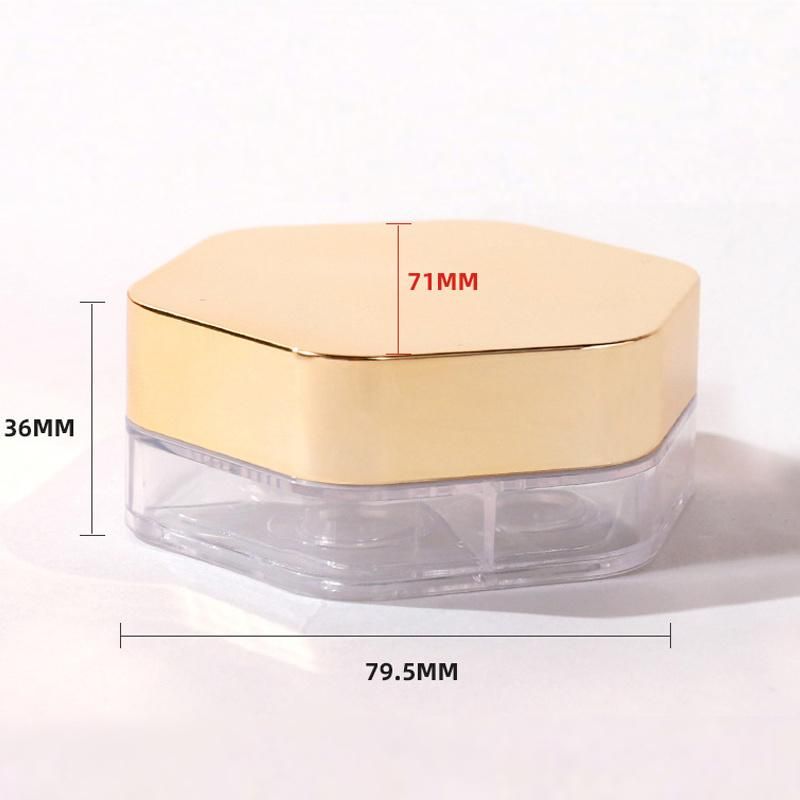 Hot Sell Gold Hexagon Makeup Packaging Custom Logo Plastic Empty Round Transparent Loose Powder Jar with Sifter