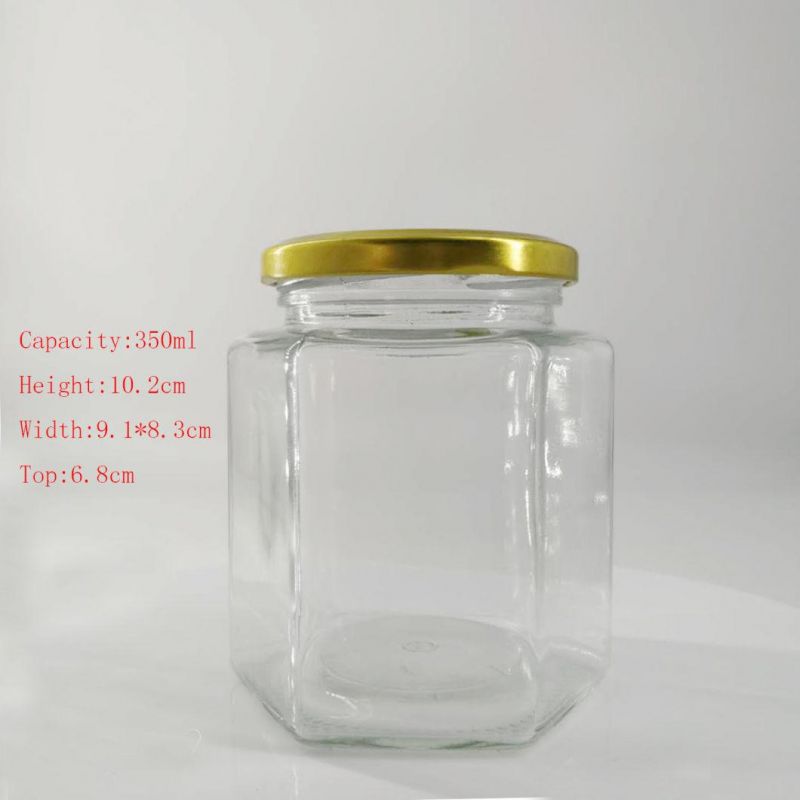 Wholesale Cheap Hexagon Food Storage Empty Honey Bee Glass Jar for Canning with Metal Lid