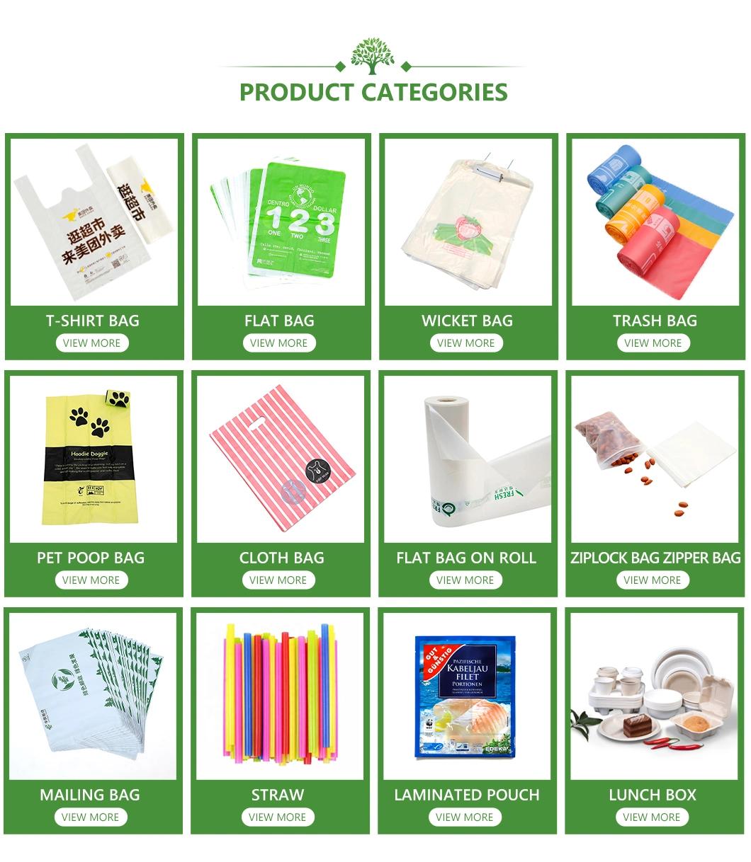 Custom Biodegradable and Compostable Produce Bags/Roll/T-Shirt/Vest/Hand/Shopping/Supermarket/Flat/Trash/Mailer/Pet Poop/Food/Bread Bags Manufacturer with FDA
