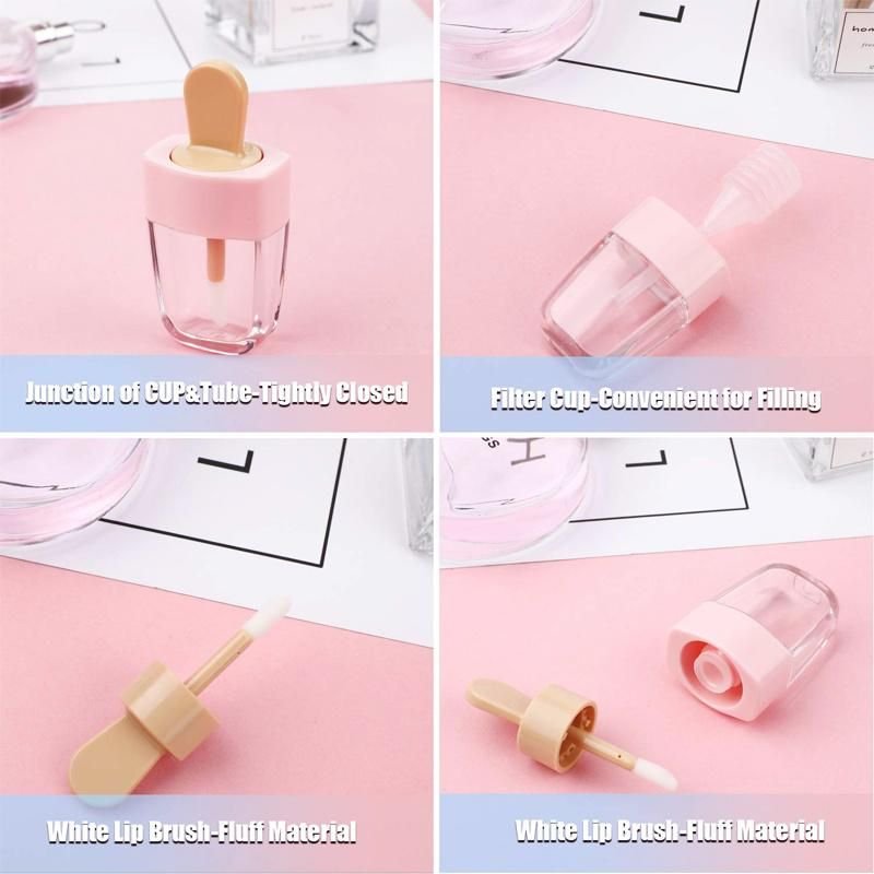 Custom 8ml Transparent Pink Empty Luxury Plastic Ice Cream Cosmetic Balm Lipstick Lip Gloss Wand Containers Tube with Brush