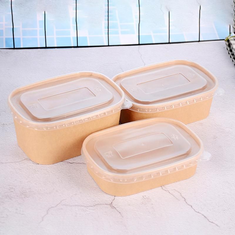 Wholesale Food Grade Paper Kraft Square Paper Bowl with Lid Rectangular Paper Container with PP Cover