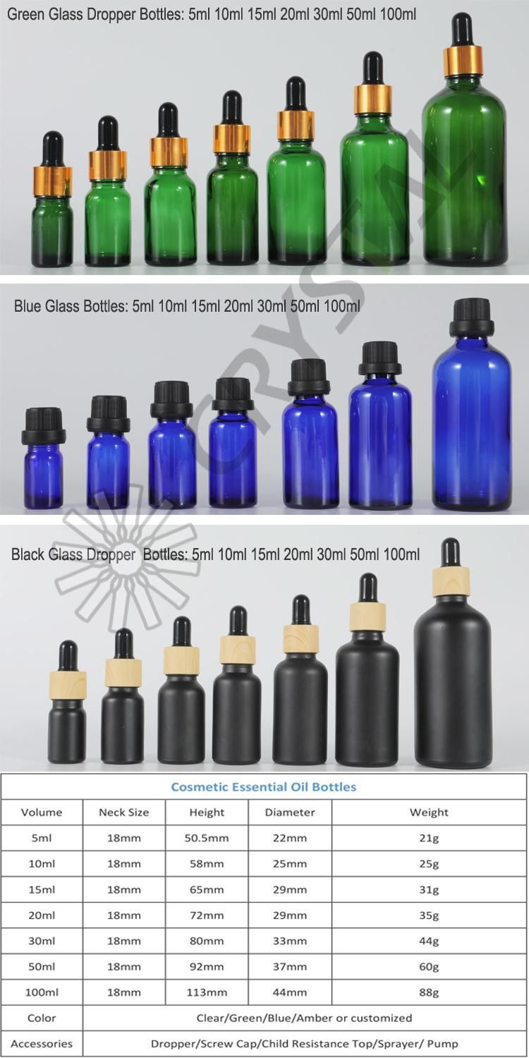 20ml 30ml Frosted Amber Green Blue White Color Essential Oil Glass Bottle with Dropper