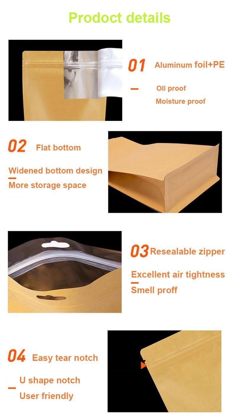 Stand up Zip Lock Flat Bottom Eight Side Sealing Kraft Paper Bag with Window