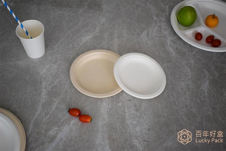 3 Compartment Compostable Biodegradable Tableware Sugarcane Bagasse Paper Round 9 Inch Plate