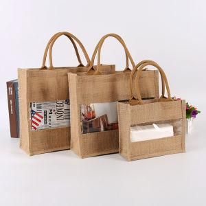 New Design Custom Logo Eco Friend Splicing Jute Tote Shopping Bags with PVC Windows