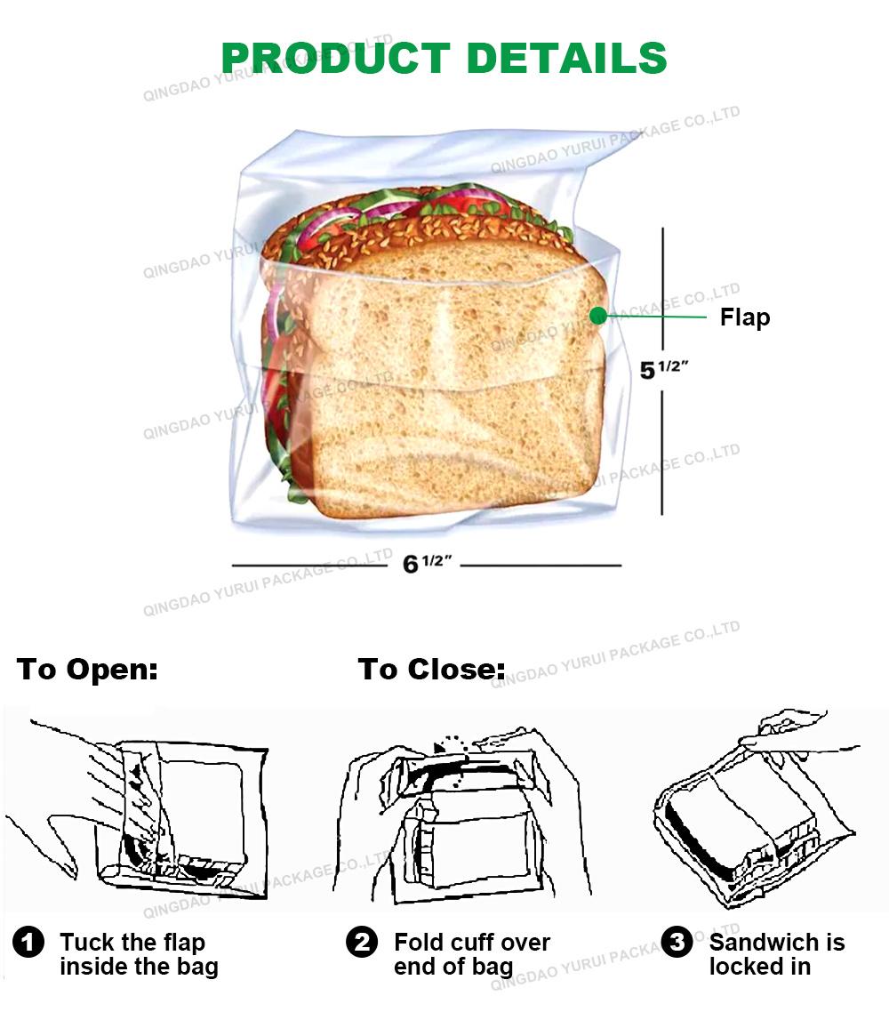 Custom Clear Fold Lunch Bread Food Packaging Disposable Biodegradable Flip Top Sandwich Bag