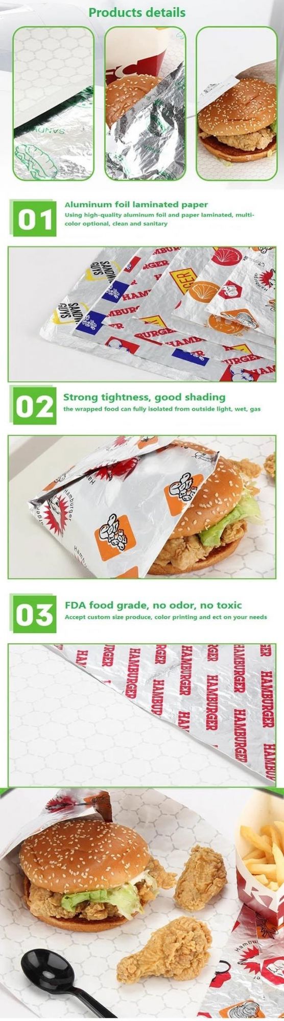 Food Grade Hamburger Greaseproof Aluminum Foil Wrapping Paper Aluminum Coated Wrap