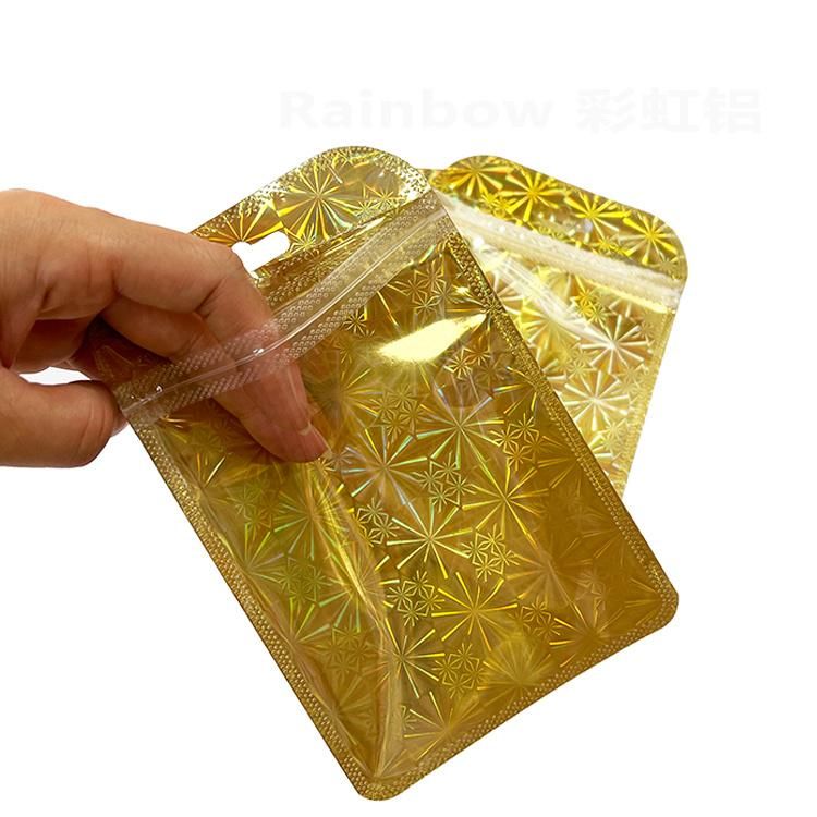 Laser Golden Aluminum Plastic Sleeve Clear Window Zipper Bag