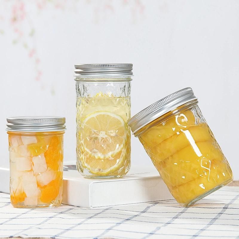 Empty Cone Shape Engraved Clear Glass Jam Honey Pickle Mason Jar with Sealed Lid