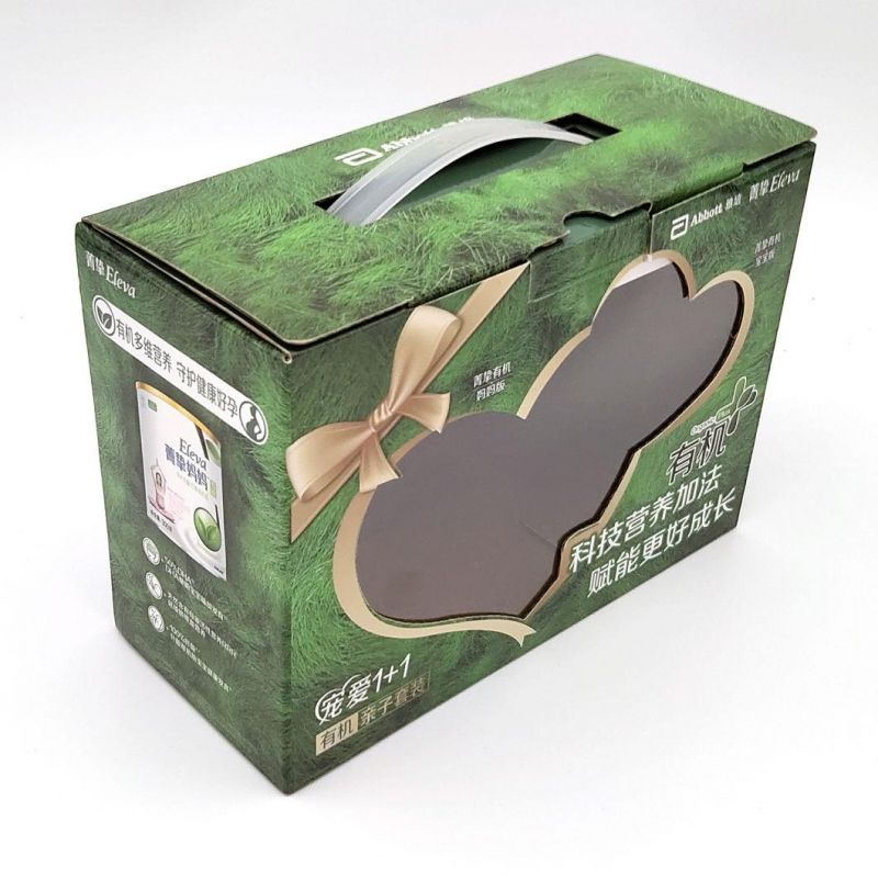 China Manufacturer Custom OEM Logo Printed Milk Power Coffee Fruit Juice Gift Packaging Paper Carton Box with PVC Window Plastic Handle