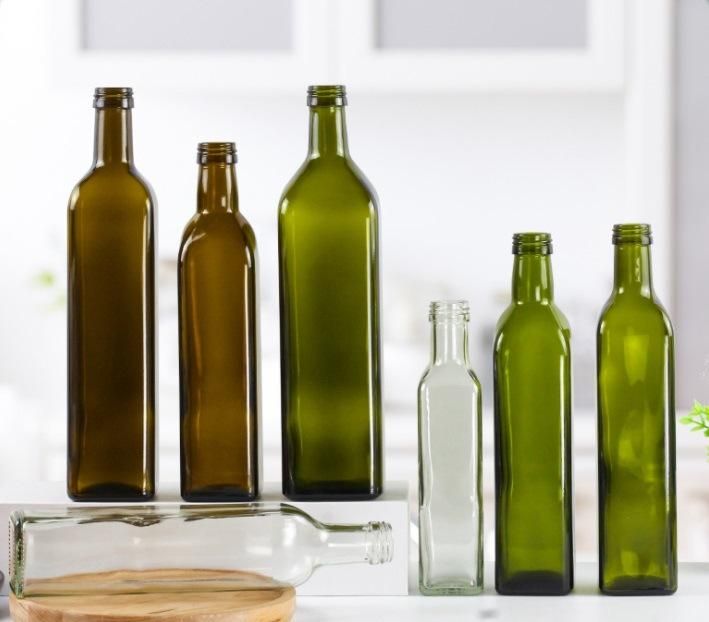 Wholesale Sauce Bottle Olive Oil Bottle Empty 250ml 500ml 750ml 1000ml Dark Green Square Vinegar Olive Oil Glass Bottle Glassware with Cap