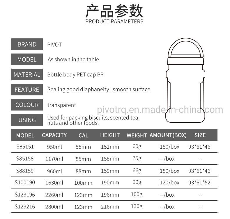 2800ml Big Size Food Pet Plastic Jar with Hand Lift Cover for Nuts