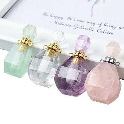 Crystal Perfume Bottle Natural Gemstone Bottle Perfume Pendant Necklaces with Link Chain