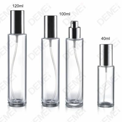 40/100/120ml 50g Cosmetic Skin Care Packaging Clear Slim Straight Round Toner Lotion Glass Bottle and Cream Jar with Silver Cap