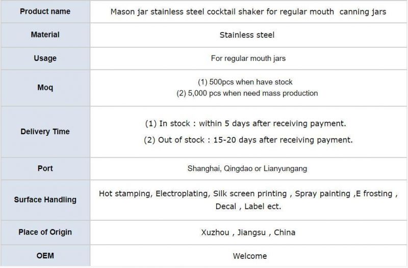 Mason Jar Stainless Steel Cocktail Shaker for Regular Mouth Canning Jars
