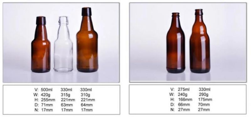 250ml 330ml 500ml Amber Glass Beer Bottle with Crown Lid