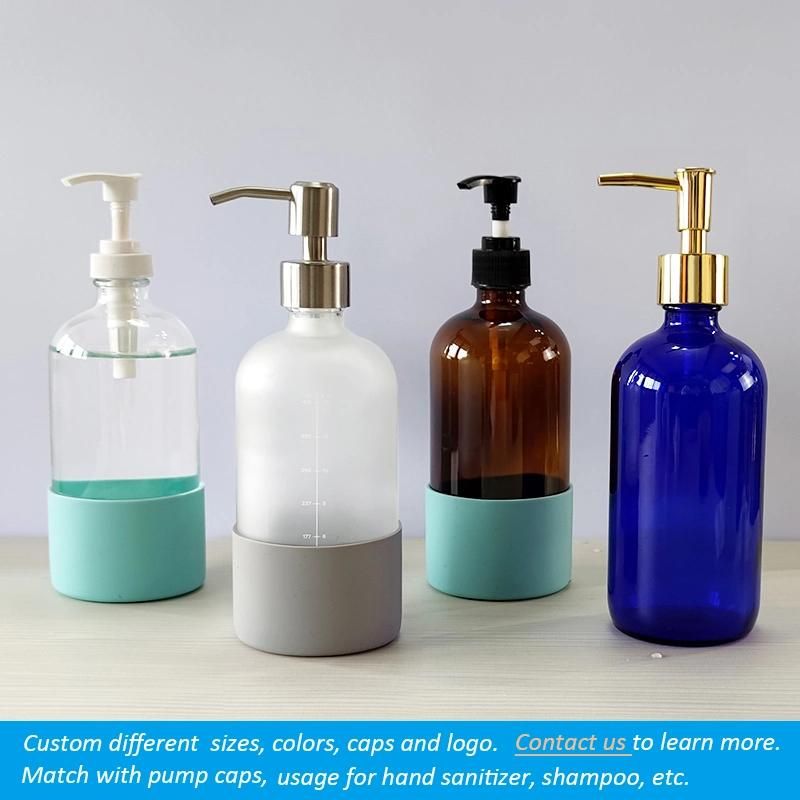 500ml Frosted Boston Round Hand Sanitizer Shampoo Dispenser Soap Pump Glass Bottle with Silicone Sleeve