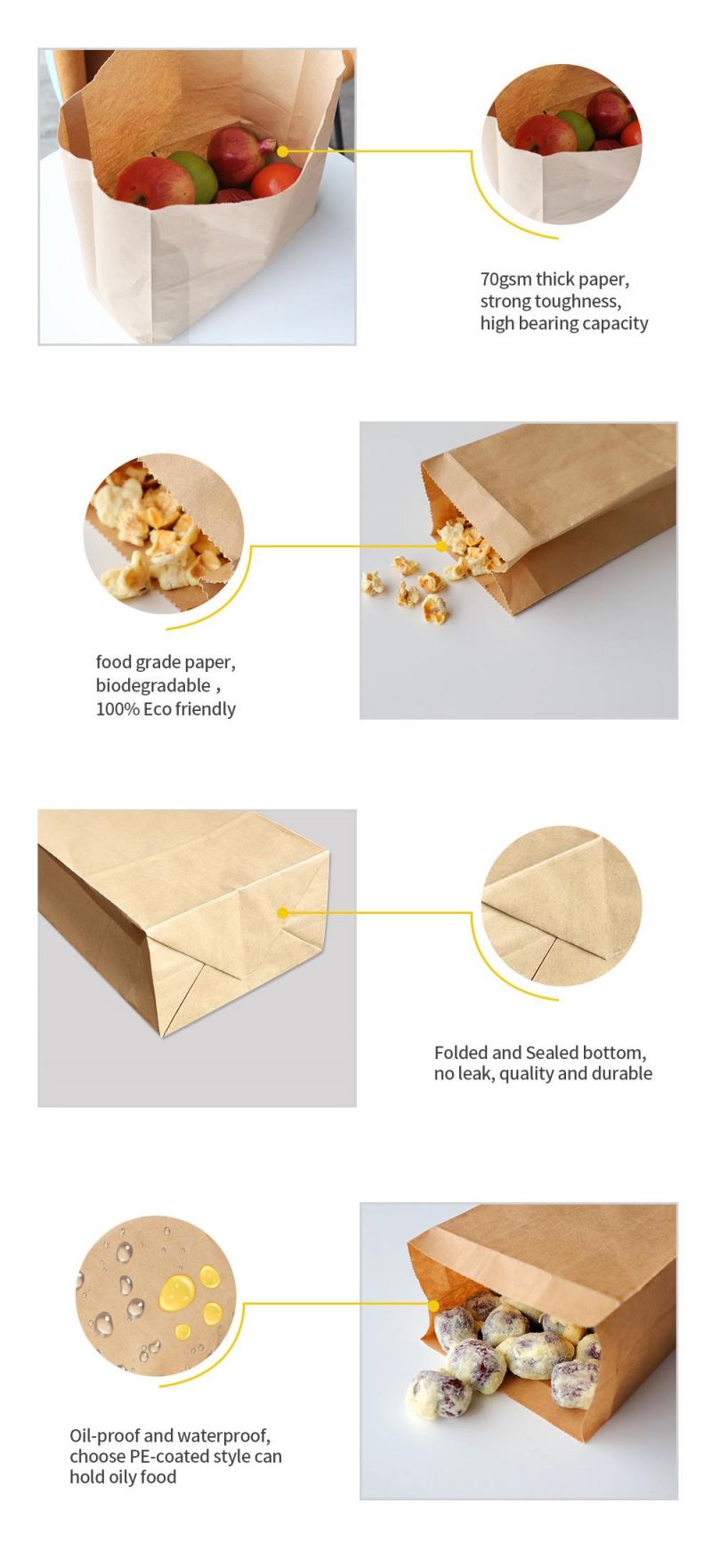 Stand up Type Recyclable Restaurant Take Away Fast Food Packaging Kraft Paper Bag