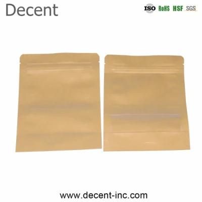Factory Wholesale Food Packaging Doypack Stand up Pouch Plain Brown Kraft Paper Bag with Clear Window and Zip Lock for Tea Snack