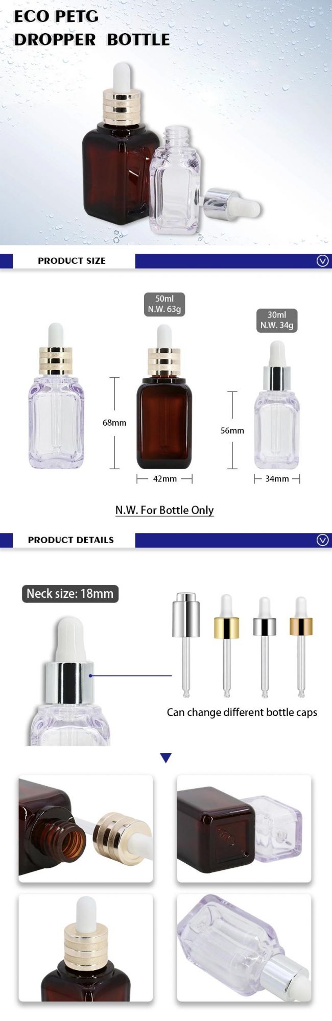 OEM Custom Eco PETG 50ml 30ml Empty Refill Cosmetic Plastic Dropper Bottle