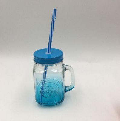 Embossed Glass Mason Jars with Lid and Straw 500ml