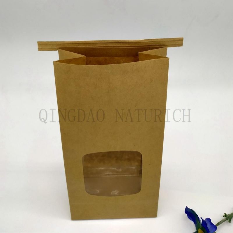 Square Block Flat Bottom Gusset Coffee Bean Tin Tie Dessert Kraft Paper Bag with Window