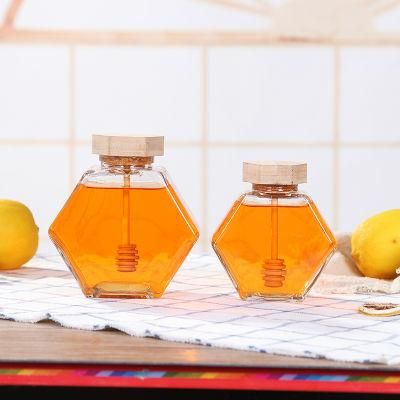 Customized Transparent Hexagonal Natural Wood Honey Glass Jar with Spoon