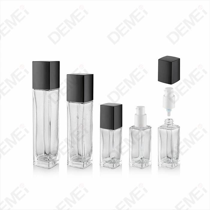 50ml 100ml 120ml Square Glass Bottle with Plastic Pump and Lid