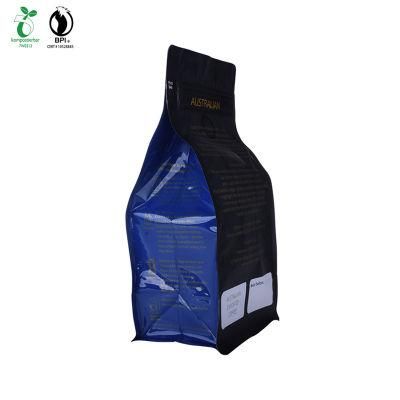 Custom Print Corn Starch Plastic Square Bottom Coffee Bag with Compostable Zipper and Valve