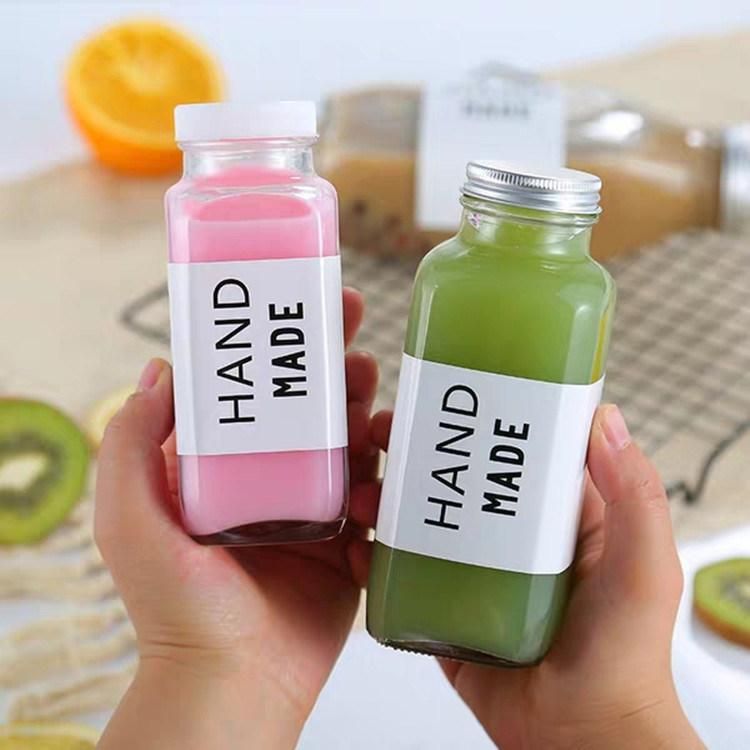 250ml 350ml 500ml 8oz 10oz 16oz Plastic Cap French Square Milk Clear Glass Bevera Bottle for Fresh Cold Pressed Juice