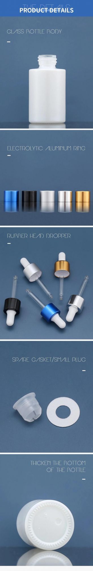 30ml Pearl White Dropper Bottle White Silicone Head in Stock Cosmetic Packaging Glass Bottle for Serum