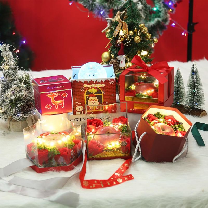 Christmas Gift Bags Cartoon Pattern Package of Foldable Portable Pet PVC Transparent Bag Red Inside Box Container