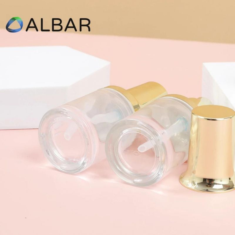 Short Cylinder Thick Bottom Flat Metal Shoulder Clear Glass Bottles for Cosmetics Face Care