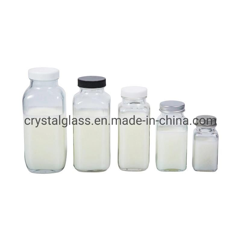 Empty French Square 8oz 16oz Glass Beverage Juice Bottle with Cap Free Sample