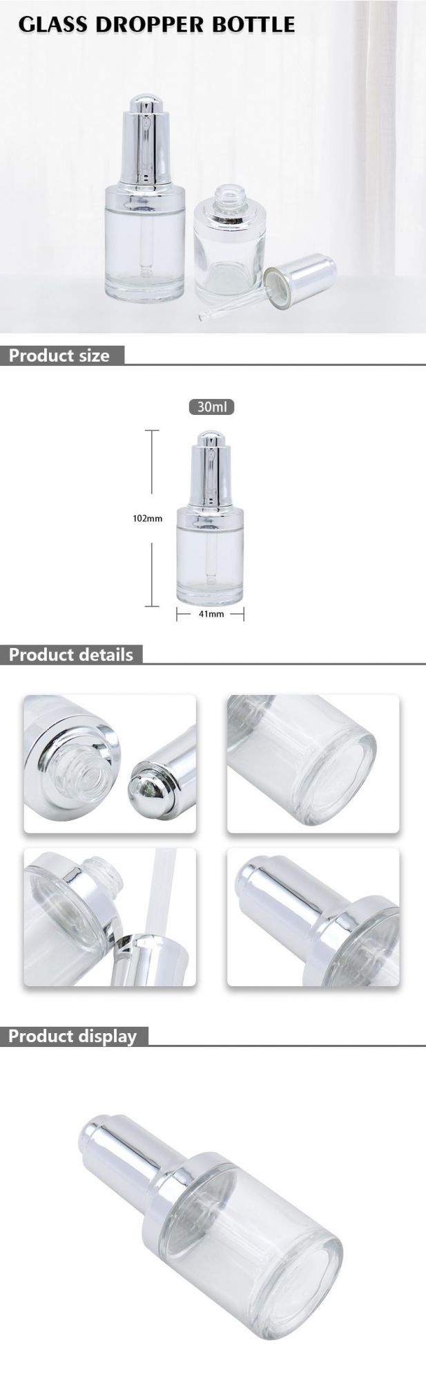 30ml Cosmetic Square Shoulder Small Skincare Packaging Portable Dropper Bottle