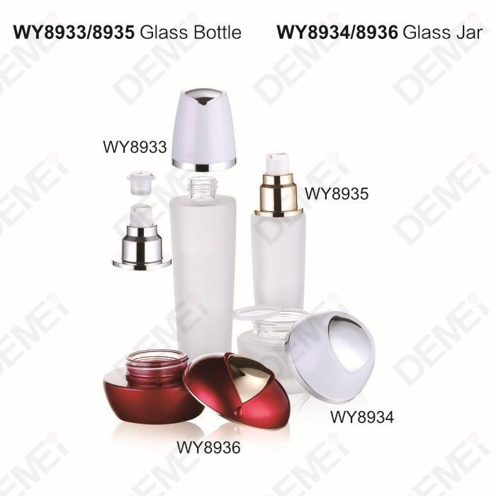 40/100/120ml 50g Cosmetic Skin Care Packaging Clear Frosted Toner Lotion Glass Bottle and Cream Jar with Red ABS Flower Cap