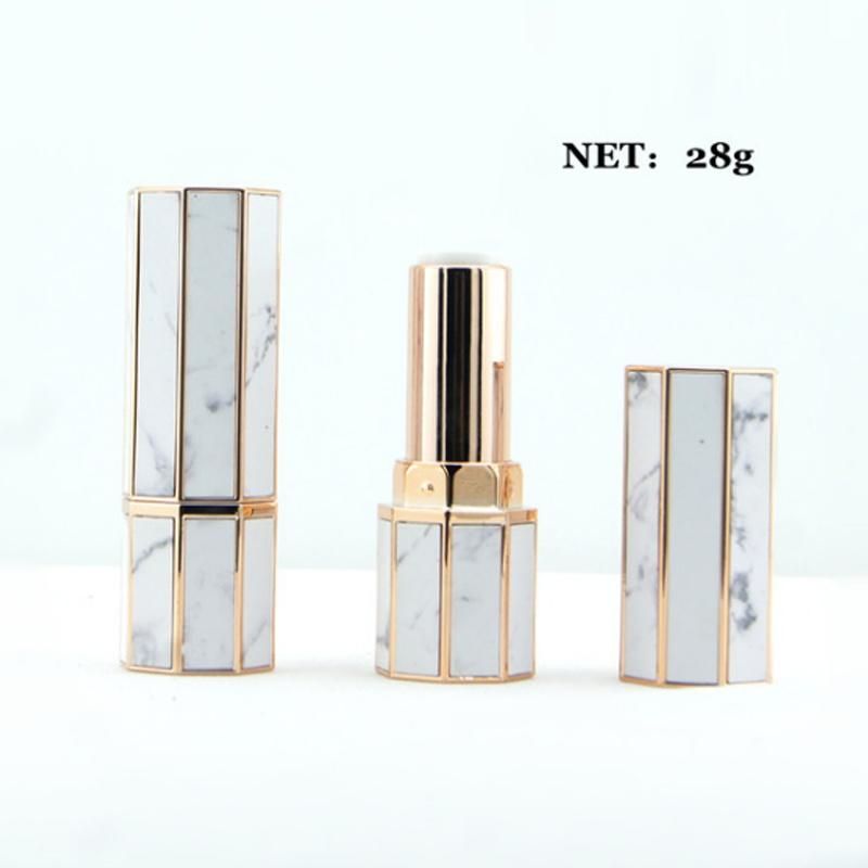 4.3G in Stock Ready to Ship Hexagon Luxury Empty Marble White Plastic Lipstick Tube Black Lipstick Packaging Makeup Packing