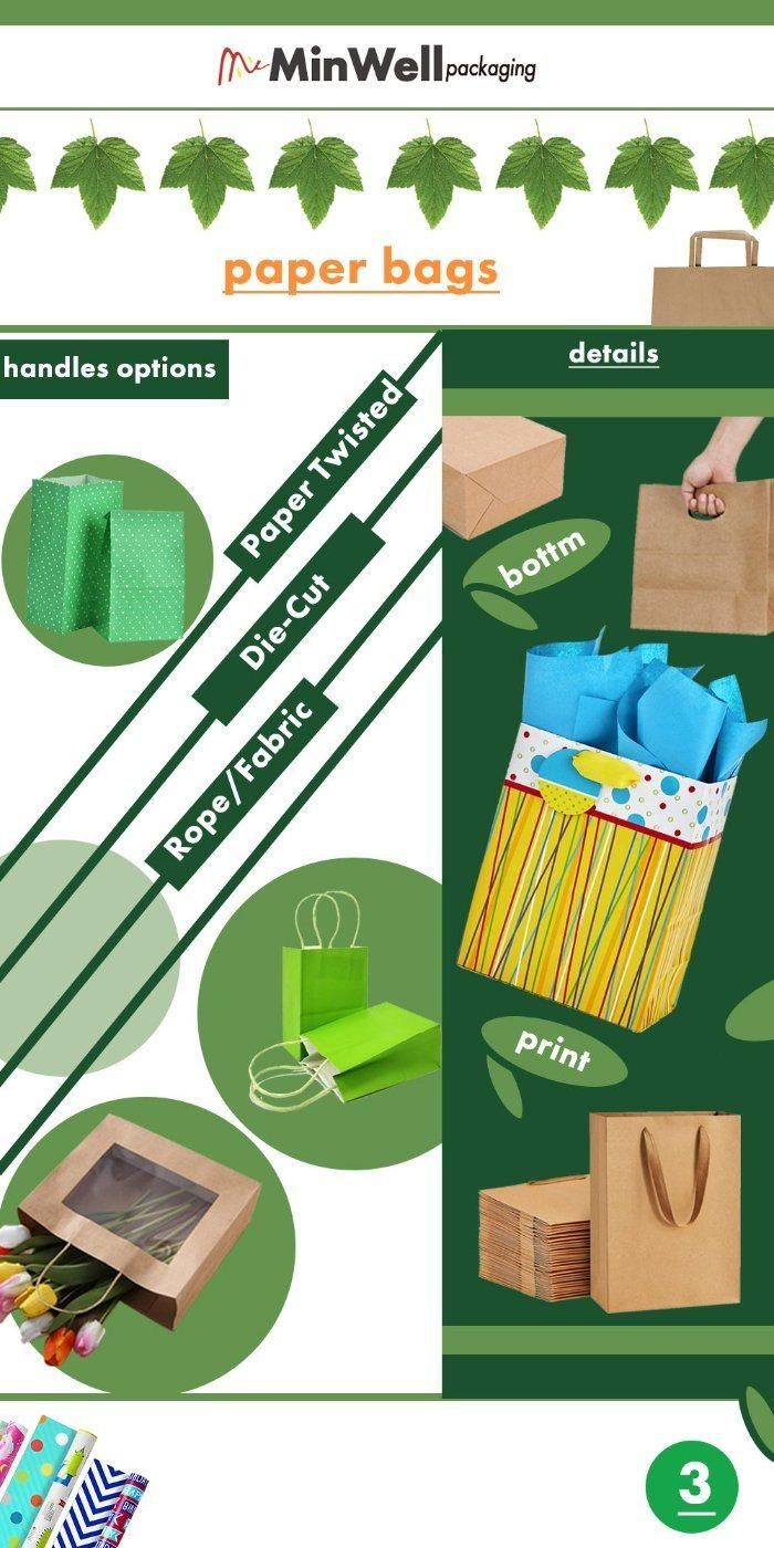 Minwell Food Kraft Paper Die Cut Tote Bags Kraft Paper Gift, Food Service Take Away Bags