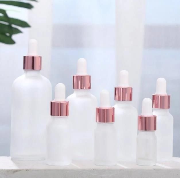 20ml 30ml 50ml Frosted White Essential Oil Glass Dropper Bottle with Rose Gold Cap