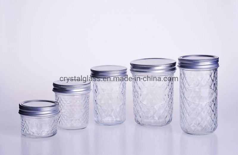 8oz Diamond Pattern Color Customized Glass Food or Honey Storage Jar with Metal Lid