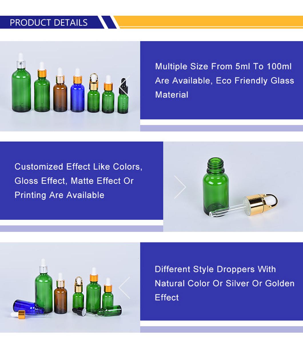 Eco-Friendly Green Empty Clear Glass Dropper Bottle with Customized Logo Printing