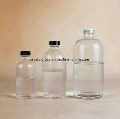 Customize 8oz 16oz Clear Boston Round Bottle 250ml 500ml with Black Lid 750ml